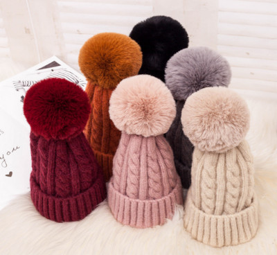 Adult Imitation Rabbit Fur Ball Woolen Cap Twist Wool Knitted Hat Women Women Winter Beanie