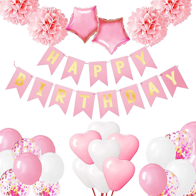 Rubber Balloons Set Happy Birthday Bunting Banner Balloon Set with Tissue Paper Pompon and Pink Balloons