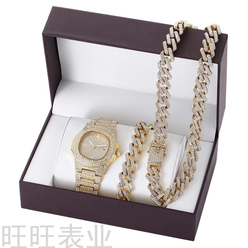 new fashion luxury trend temperament full diamond diamond steel belt quartz watch + bracelet + necklace set