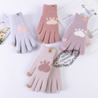 Korean Style Knitted Women's Gloves Winter Warm Cycling Cute Plush Cotton Five Finger Touch Screen Gloves Female Cold Protection in Winter