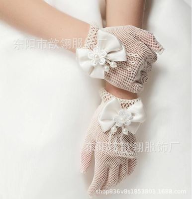 Children's Wedding Dress Princess Mesh Etiquette Bow Gloves Elastic Flower Girl Wedding White Gloves Self-Produced