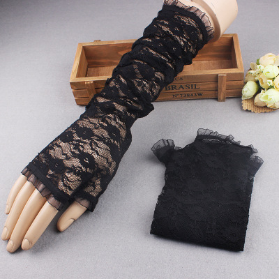 Half Finger Lace Gloves Women's Long Sleeves Pierced Black Sexy Sexy Mesh Dinner Dress Transparent Spring and Autumn