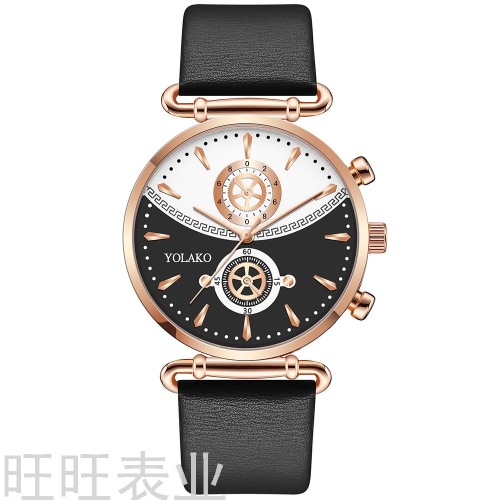 new round yolako women‘s watch versatile korean fashion creative crescent pattern two-eye leather strap student watch