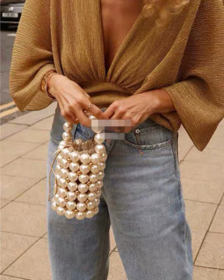 Autumn Shuo New Ins French Niche Online Red Same Style Beaded Pearl Small Bucket Bag round Barrel Handbag Retro