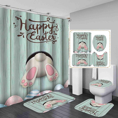 Customized 3D Toilet Three-Piece Shower Curtain Cross-Border Polyester Bathroom Bathroom Easter Shower Curtain Four-Piece Set