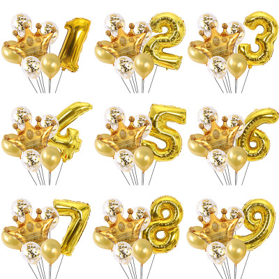 Children Full-Year Birthday Golden Crown Aluminum Film Number Balloon Set Party Decoration Layout Supplies