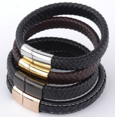 European and American Hot Genuine Leather Bracelet Stainless Steel Magnetic Buckle Leather Bracelet Vintage Leather Bracelet Factory Direct Sales