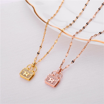 Internet Celebrity Same Style Japanese and Korean Style Full Diamond H Letter Bag 18K Rose Gold Necklace Female Handbag Clavicle Chain Female