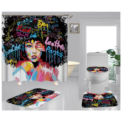 E-Commerce Hot Sale Bathroom Shower Curtain Non-Slip Mat Four-Piece Set Graphic Customization African Girl Shower Curtain Cloth