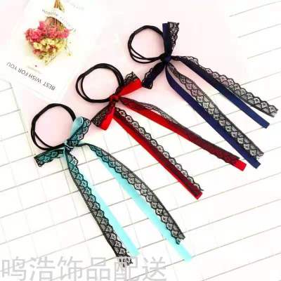 Spring and Summer New Hair Accessories Fashion Girls Sweet Lace Plaid Bow Long Fringe Hair Ring Hair Rope Rubber Band