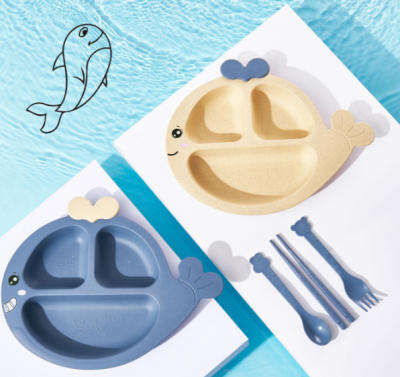 Whale Children's Dinner Plate Cartoon Compartment Primary School Students Eating Kindergarten Baby Bowls and Chopsticks Anti-Fall Tableware Set