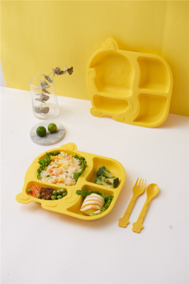 Household Small Yellow Duck Children's Tableware Set Cute Cartoon Grid Drop-Resistant Plate Spork Combination