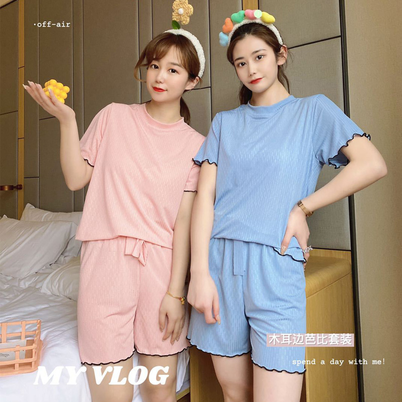 女装木耳边芭比套装夏季新款日系甜美女花边短袖二件套居家服睡衣