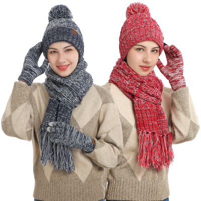 Autumn and Winter New Knitted Wool Europe and America Cross Border Color Hat Thickened Scarf Touch Screen Gloves Three-Piece Set Manufacturer