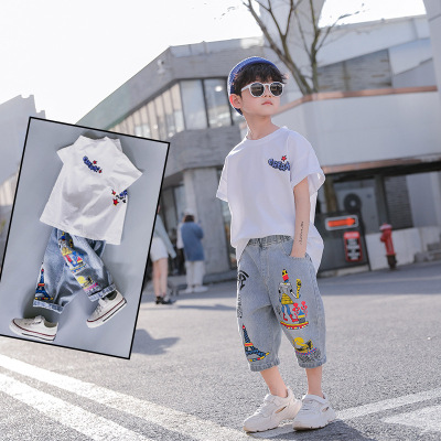 Boys Summer Suit Handsome 2021 New Trendy Children's Summer Middle and Big Children's Sports Boys' Short Sleeve Two-Piece Suit Fashion