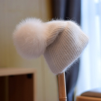 Fox Fur Ball Double Layer Warm Curled Brim Knitted Hat Autumn and Winter Rabbit Fur Thickened Korean Ear Protection Pile Heap Cap Woolen Cap Female