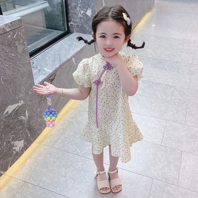 Girls' Dress Summer 2021 Summer New Chinese Style Floral Vintage Cheongsam Children's Short-Sleeved Dress Fashion