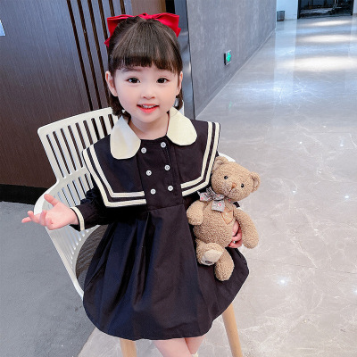 Girls' Dress Spring 2021spring Children's Navy Style Skirt Children's Korean Style Western Style Internet Celebrity Long Sleeve Skirt