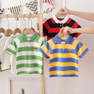 2021 Summer New Short-Sleeved T-shirt Wide Striped Children's Clothing Boys' Cartoon Short-Sleeved Polo Shirt Top One Piece Dropshipping