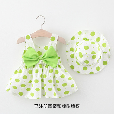 2021 Children Shirt Wholesale Summer Solid Color Bow Small Dots Printed Dress with Hat New Children's Clothing B3e248