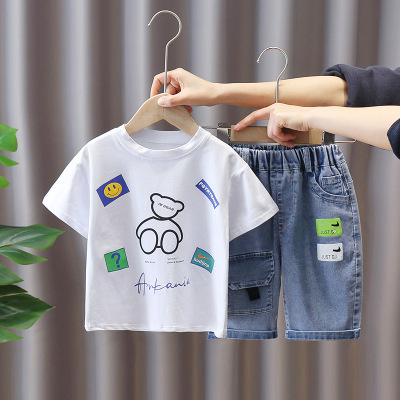 1477 Boys Summer Two-Piece Suit Western Style Children's Short-Sleeved Clothes 2021 New Baby Denim Cropped Pants Fashion