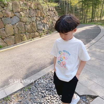 Older Children Summer Short Sleeve T-shirt Boys and Girls 2021 Korean Sports Fashion Smiley Washed Cotton Short Sleeve T-Shirt Wholesale