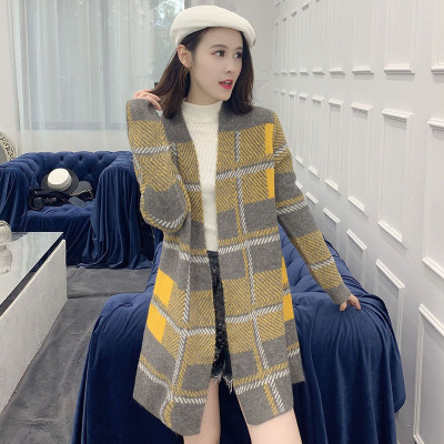 Customizable Plaid Mid-Length Coat Spring and Autumn New Knitwear Cardigan Sweater Women's Coat Foreign Trade