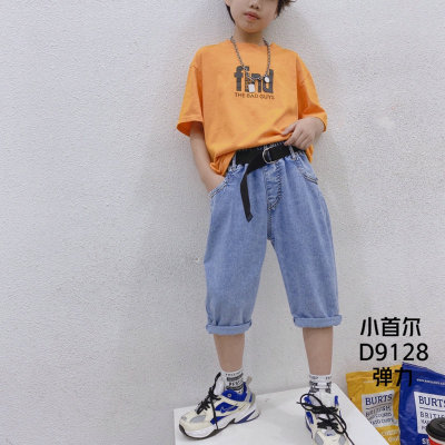Little Seoul 2021 Summer New Elastic Korean Style Boys' Jeans Middle Pants Brand Children's Clothing Fashion Middle Children's Pants
