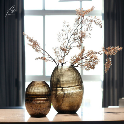 European-Style Creative Hand-Carved Grinding Stitching Golden Glass Vase Decoration Living Room Flower Arrangement Home Art Soft Decoration