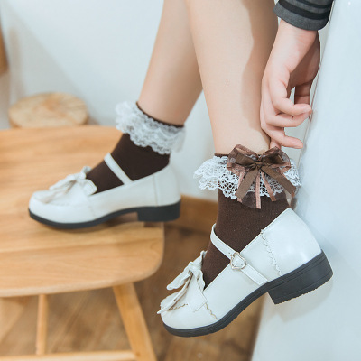 072jk Socks Female Sweet Lace Socks Bow Lolita Princess Socks Soft Girl Student Mid-Calf Japanese Style