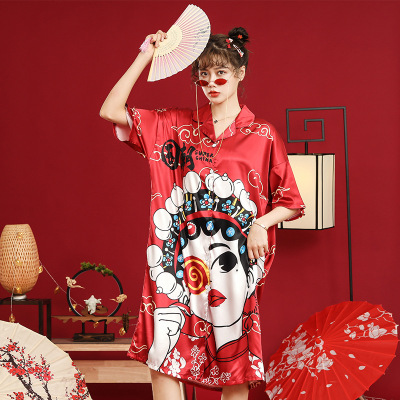 Spring and Summer New Retro National Trend Style Pajamas Women's Ice Silk Peking Opera Face Chinese Style Girl Loose Midi Nightdress