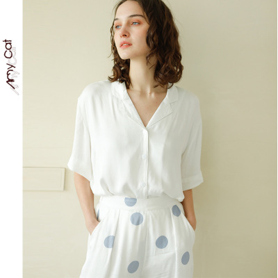 Spring 2020 Mixi Cat Minimalist Preppy Style Satin Lapel Color Matching Polka Dot Short Sleeve Trousers Pajamas Suit 171