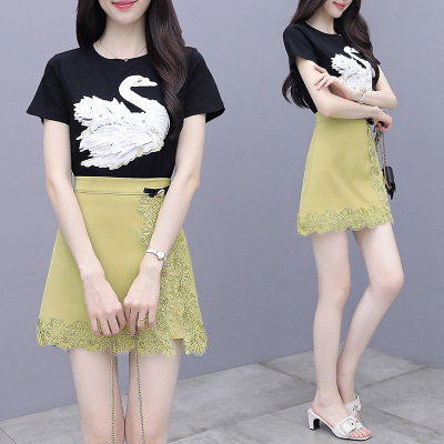2021 Summer New Korean Style Elegant Machine Embroidery Diamond Swan T-shirt + Lace Crochet Skirt Suit