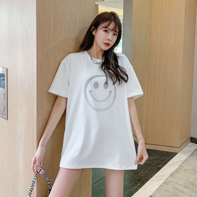 Brushed Thickened Short-Sleeved T-shirt for Women Spring and Autumn New Fashionable Stylish Loose Casual Long Rhinestone round Neck Bottoming Shirt