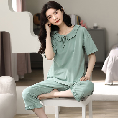 Modal Pajamas Women's Multicolor Minimalism Casual Homewear Short-Sleeved Cropped Pants Suit Pajamas Can Be Worn outside Lace-up