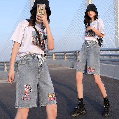 2021 Summer New Embroidery Size 200 Jin Fat Sister Loose All-Matching Straight Casual High Waist Denim Pants for Women