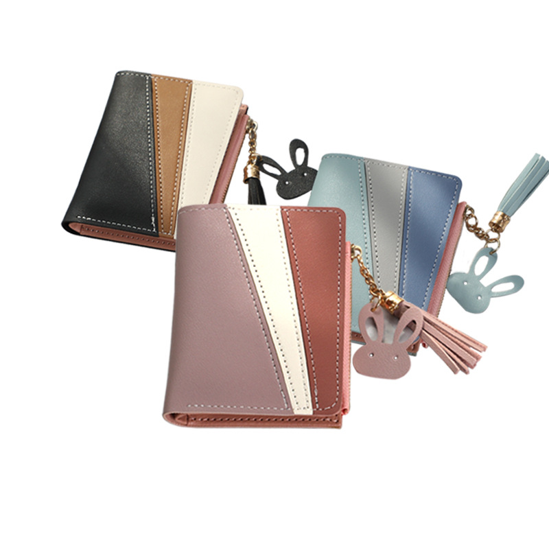 新款钱包女士短款流苏拉链钱夹韩版撞色拼接pu小巧零钱包卡包定制