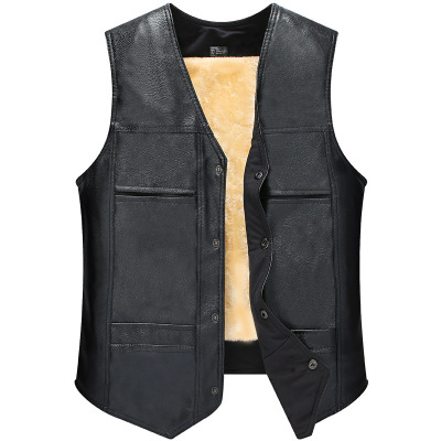 Autumn and Winter Middle-Aged and Elderly Men's Fleece-Lined Multi-Bag Leather Waistcoat Loose Large Size Cotton Vest Warm Waistcoat Top Wholesale