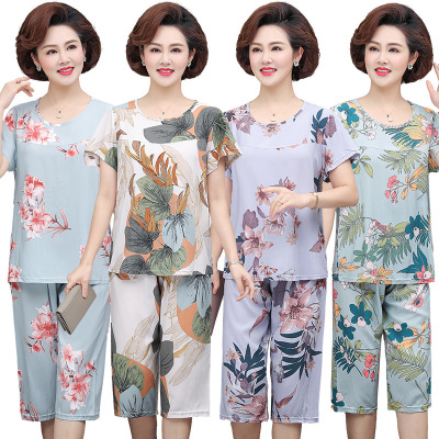 Middle-Aged and Elderly Bourette Suit Elderly Cotton Silk Home Clothing Mom Pajamas Summer Women's Short-Sleeved Artificial Cotton Two-Piece Suit