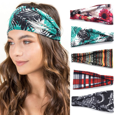 European and American New Sport Headband for Women Yoga Hair Band Sweat Absorbing Antiperspirant Wide-Brimmed Printed Headscarf Headdress Wholesale