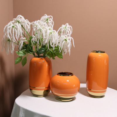 Modern Flower Arrangement Simple Home Wine Cabinet Decoration Crafts Gold-Plated Ceramic Vase Soft Decoration Ornaments