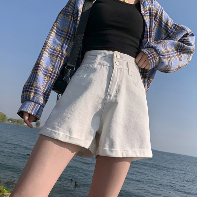 Denim Shorts Women's 2020 Summer Thin Double Buckle High Waist Slimming Loose-Fitting Curl A- line Wide Leg Korean Style Hot Pants
