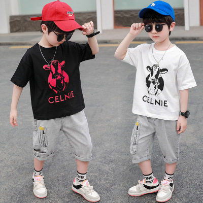 Children's Clothing Boys' Suit 2021 Summer New Children Fashion Casual Handsome Short-Sleeved Jeans Two-Piece Suit Fashion