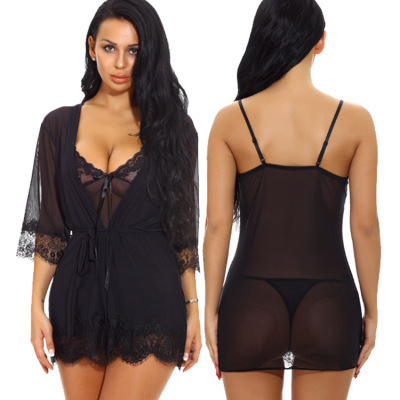 Sexy Lingerie Factory Direct Sales Black Lace Long Sleeve Sexy Lingerie European and American Sexy See-through Sexy Lingerie