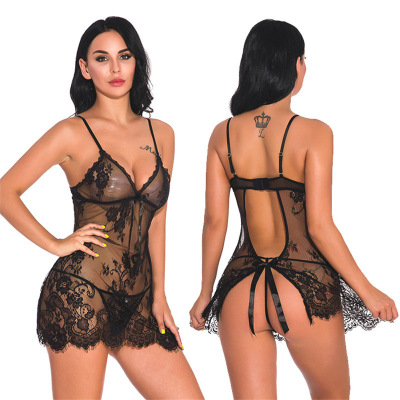Factory Sexy Lingerie European and American Sexy Backless Halter Lace Hollow-out Mesh Stitching Pajamas Women's European and American Style