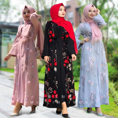 7001 Ins3d Three-Dimensional Flower Embroidery Coat Amazon Muslim Women's Robe