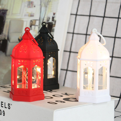 European-Style Small Hexagonal Moroccan Storm Lantern Holiday Decoration Vintage Plastic Glass High Permeability Lighting Chain Lantern Candle Holder