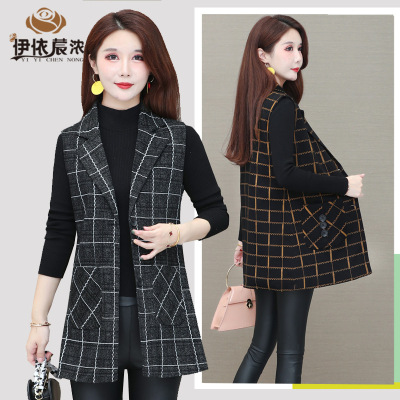 Middle-Aged Women's Clothing Spring and Autumn Thin Plaid Vest Cardigan Mom's Sleeveless Vest Mid-Length Women's Top
