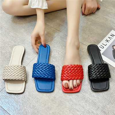 Women's Flat Slippers 20 Woven Summer New Fashion Square Toe Stall Outdoor Sandals All-Matching Korean Style Low Heel