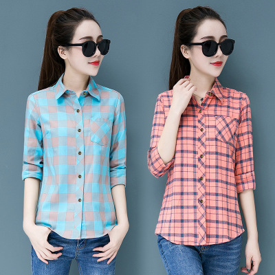 2019 Spring New Summer Sun Protection Top Slim Korean Coat Plaid Shirt Women's Long Sleeve Large Size Shirt